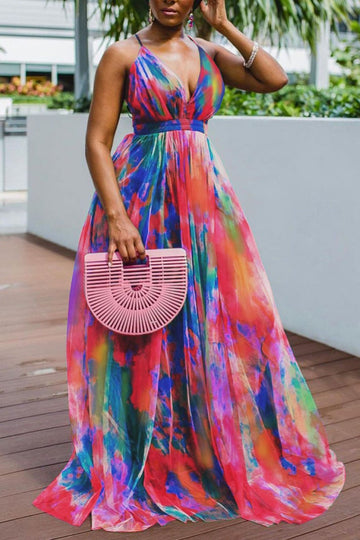 Woochic robe cocktail imprimée à bretelles en tulle à ourlet et à col en V vert 1 1XL